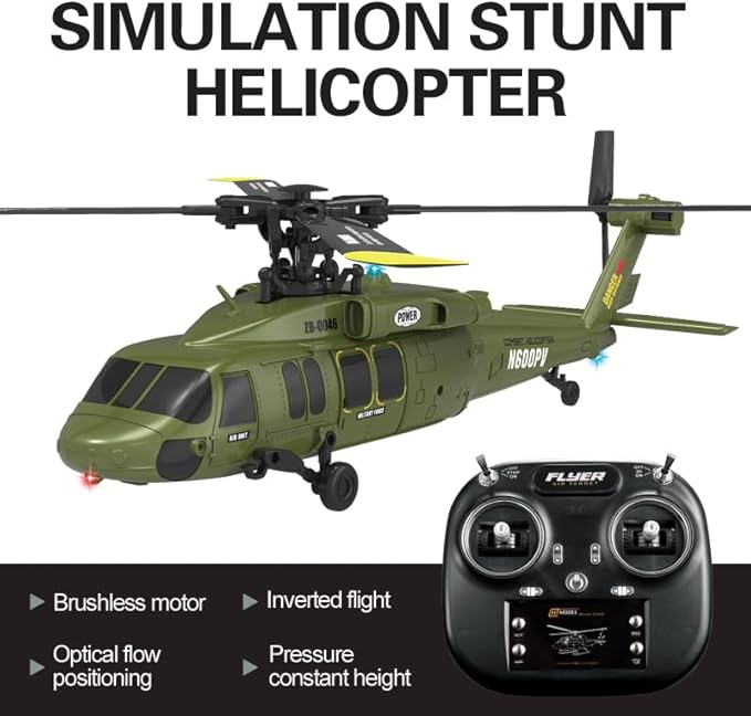 Black-Hawk K200 Brushless RC Helicopter 2.4G 6CH 6-Axis Gyro Military Aircraft with Optical Flow Positioning Altitude Hold &amp Inverted Flight for Adults -2 Battery/RTF