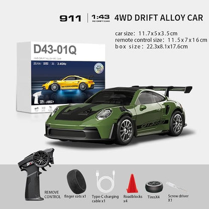 1:43 RC Drift Car 20KM/H with Gyro 2.4G 4WD Full Proportional Alloy Sport Racing Car Adjustable Speed LED Lighting for Teens &amp Adults-D43-01