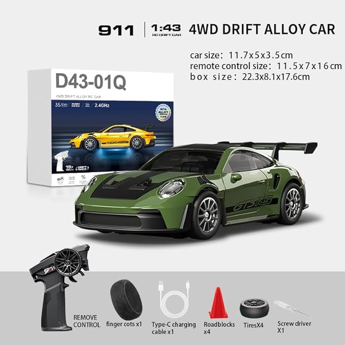 1/43 Scale RC Drift Car 2.4G Full Proportional 4WD Remote Control Car with Gyro Adjustable Speed &amp LED Lights Alloy RC Vehicle for Adult