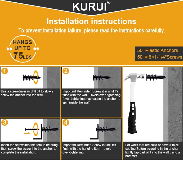 KURUI #8 Self Drilling Drywall Anchors with Screws Kit, Heavy Duty Dry Wall Anchors for Hanging Sheetrock, 50 Self-Tapping Plastic Drywall Hangers 50 Sheet Rock Screws, 100PCs Mounting Hardware -75LB