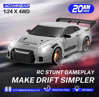 RC Drift Car 1:24 Scale Remote Control Vehicle with LED Lights 2.4GHz 20KM/H 4WD High Speed RC Cars Drifting Tires＆Two Batteries. (GTR-Gray)