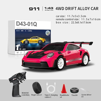 D43-01 1:43 Scale 2.4G Full Proportional 4WD Alloy RC Drift Car with Gyro System Silent Bearings Adjustable Speed &amp LED Lights for Adults High Speed Remote Control Racing Car