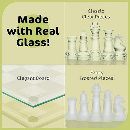 Fine Glass Chess Set Modern Clear Chess Board Set with Solid Clear &amp Frosted Glass Chess Pieces | 12'' Crystal Chess Board Set Felt Padding Included