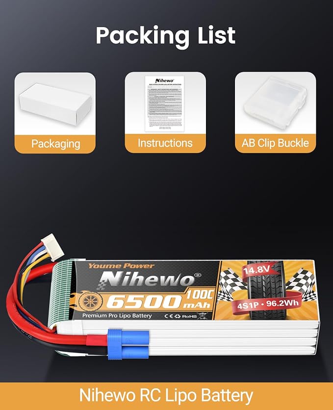 4S Lipo Battery 6500mAh 14.8V RC Battery 100C with EC5 Connector Soft Case Fit for 1/7 1/8 Scale RC Car Truck Vehicles Tank Boat Airplane Helicopter Quadcopter Models (2Packs)