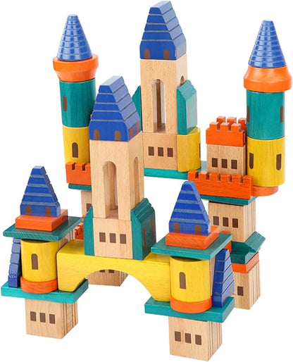 Xylolin Wooden Castle Building Blocks Set Big Solid Beech Wood Toddlers Stacking Block Toy Kids Construction Playset for Boys Girls 69 Pieces Set