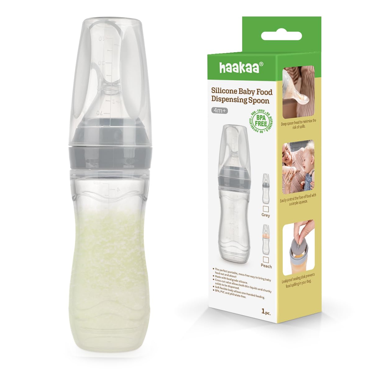 Haakaa Silicone Baby Food Dispensing Spoon Feeder 4oz - Infant Squeeze Cereal Feeder, Baby Fresh Food Feeder, Feed Bottle for Puree, Solid Baby Food, BPA Free, 4m+ Babies – Grey