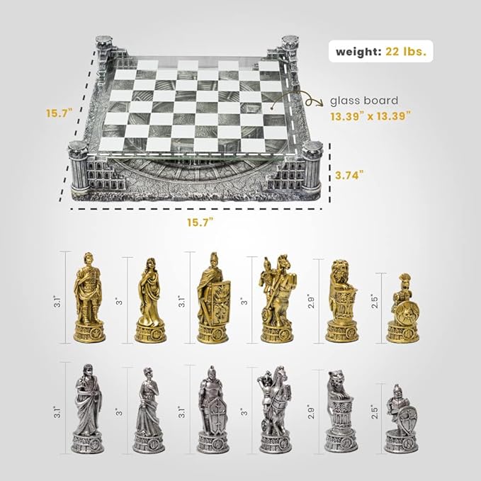 BB Brother Brother Ancient Roman Gladiators 3D Chess Board Game Set Glass Board Handmade Gold and Silver Polyresin Chess Pieces for 2 Players