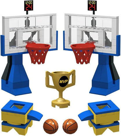 Building Blocks - Basketball Court Baseplates and Sets of 2 Basketball Hoop Basketball Goal Building Bricks for Basketball Game - Compatible with Major Brands (Basketball Playset/Blue)
