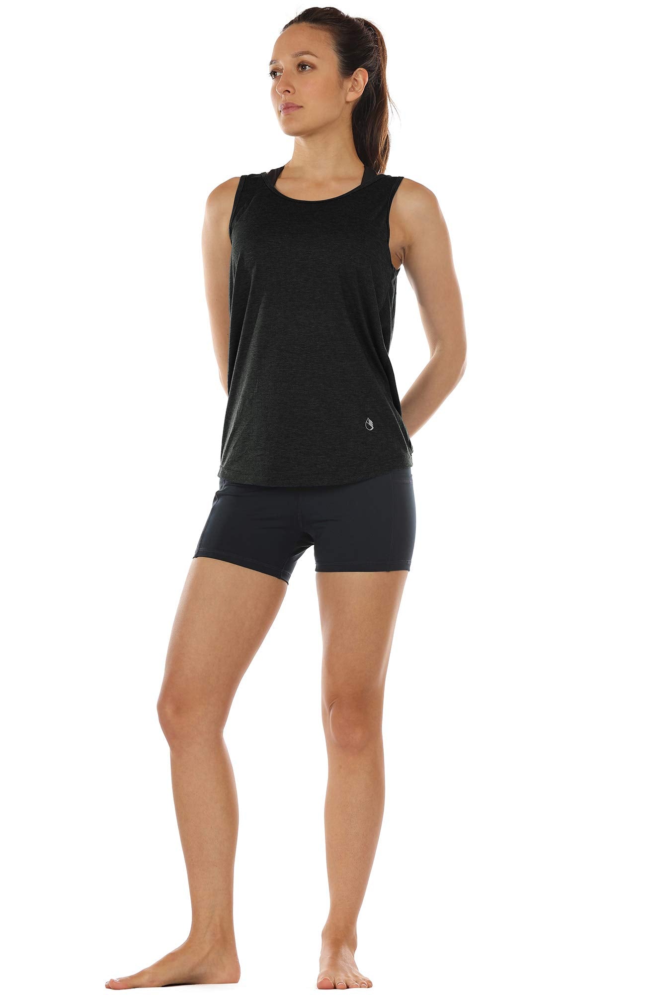 icyzone Workout Tank Tops for Women - Open Back Strappy Athletic Tanks, Yoga Tops, Gym Shirts(Pack of 2) (L, Black/Denim)