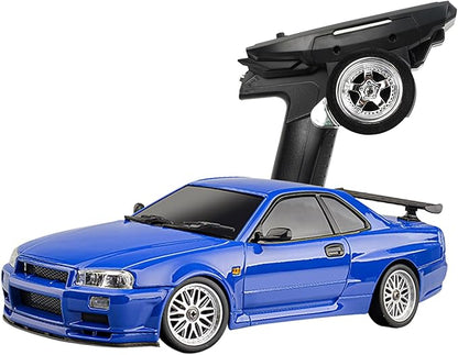 LD1899 1/18 Scale RC Drift Car GTR R34 2.4GHz RWD Mini Model Car with Gyro Alloy Body Shell Racing Cars for Adults Toys (Blue)