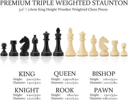 A&ampA Premium Folding Chess Board Game Set 15 Wooden Chess Board &amp 3 King Height Staunton Chess Pieces with 2 Extra Queens Portable Travel Chess Set (Natural Mahogany 15 Inches)