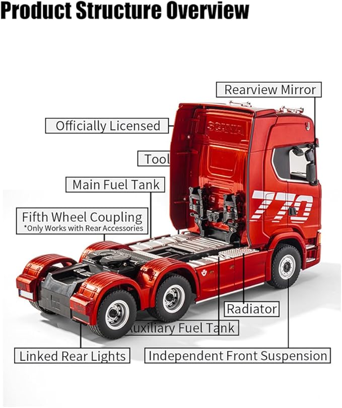 770S 1/18 RC Semi Trailer 6x4 Heavy Duty Tractor Truck with Rear Wheel Drive Adult Collectible Model (Silver)