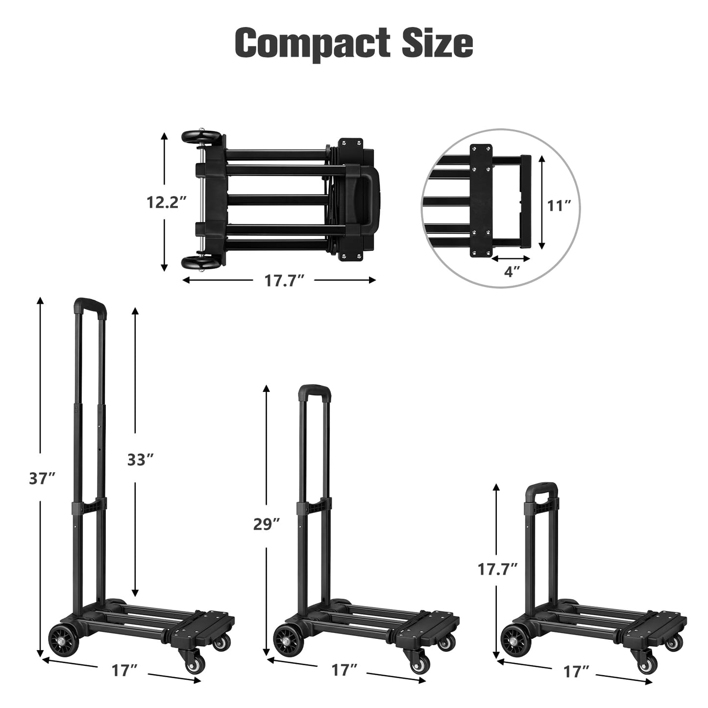 KEDSUM Folding Hand Truck with 4 Wheels, Lightweight Dolly Cart with Wheels Foldable, Expandable Baseplate Utility Luggage Cart Compact for Travel, Moving and Office Use, Easy to Store