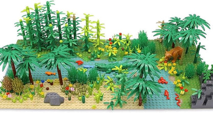 Rainforest Jungle Trees Building Blocks Bricks with 2 Base Plates (10 Inches for Each) Forest Garden Plants Flowers Bushes Animals Kit Botanical Parts Scenery Toys Compatible with Major Brands