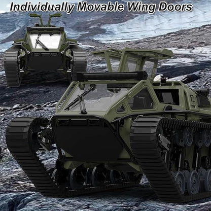 RC Tank All Terrain Army Truck for Kids - 2.4G Fully Proportional Remote Control Military Vehicle with 2 Batteries Rock Crawler 4WD 360°Rotating Drifting Car with Cool Lights Great Gift for Boys