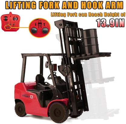 RC Forklift 11 Channel Red Remote Control Forklift 1/8 2.4G Fully Functional Construction Vehicle with Metal Carrier Slab with Lights Sound Warehouse Engineering Truck Heavy Equipment