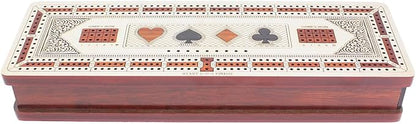 House of Cribbage - 3 Track Continuous Cribbage Board in Maple and Bloodwood - Inlaid Card Symbols (Suits) + Storage Drawer for Cribbage Pegs &amp Cards