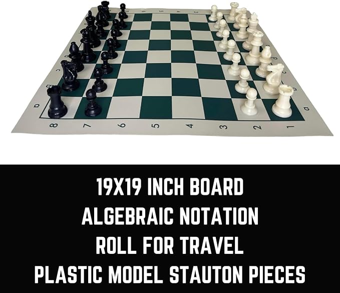 Tournament Chess Set Portable and Professional Set with Travel Portable Plastic Tube Roll. Plastic Staunton Chess Pieces Foldable Vinyl Chess Board. (Green 19X19IN)