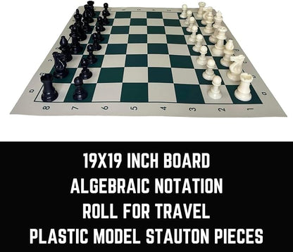 Tournament Chess Set Portable and Professional Set with Travel Portable Plastic Tube Roll. Plastic Staunton Chess Pieces Foldable Vinyl Chess Board. (Green 19X19IN)