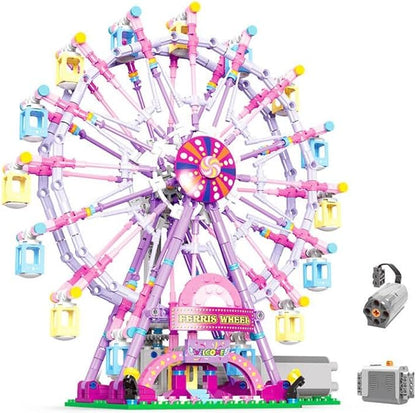 Rotating Ferris Wheel Building Blocks Kitwith Lights Amusement Park Building Construction Toys Set for 6+ Year Boys.Girls.Adult(870 Pieces) Pink