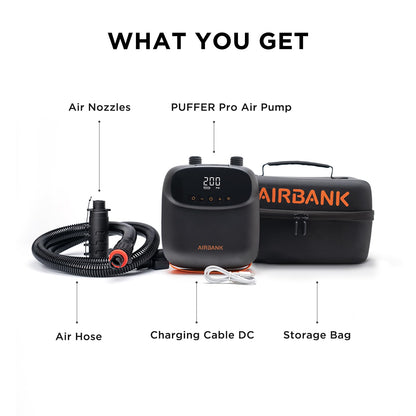 AIRBANK Paddle Board Pump Electric 20PSI The Puffer Pro, Portable SUP Pump, Dual-Stage Inflation & Auto-Off Air Pump for Stand up Paddle Boards, Kayak, Inflatables, Boats, Tent, Mattress, Kite Wings