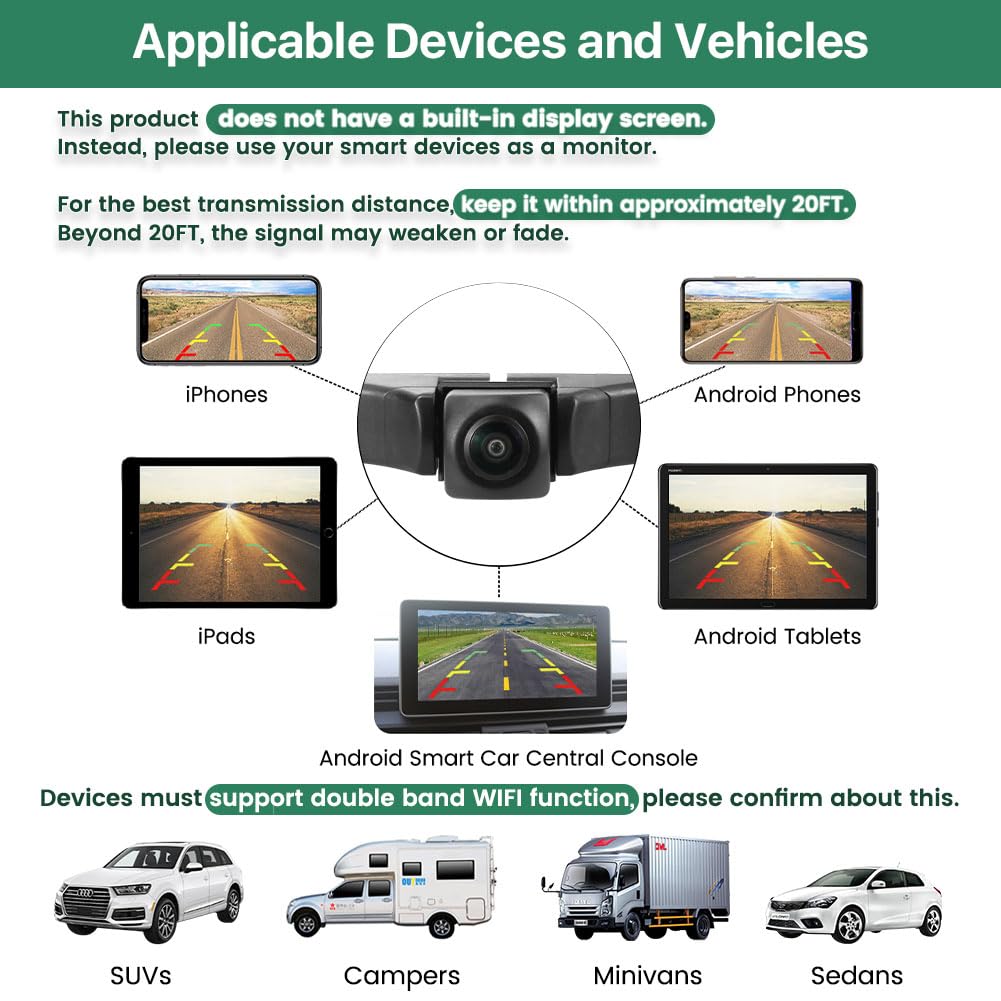 WiFi Car Wireless Backup Camera, GreenYi 5G 720P HD Car License Plate Rear/Front View Reverse Camera for iPhone iPad Android Smart Phones Tablets Which Support Double Band WiFi