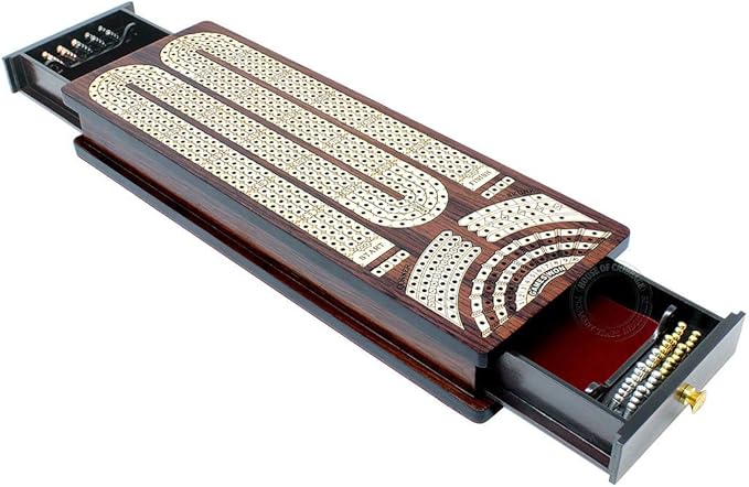 House of Cribbage - Continuous Cribbage Board/Box Inlaid in Rosewood/Maple : 4 Track - Side Drawers with Score Marking Fields for Skunks Corners and Won Games