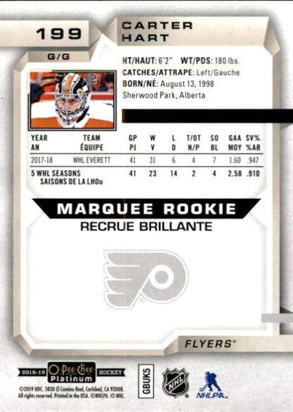2018-19 O-Pee-Chee Platinum #199 Carter Hart RC Rookie Philadelphia Flyers NHL Hockey Trading Card