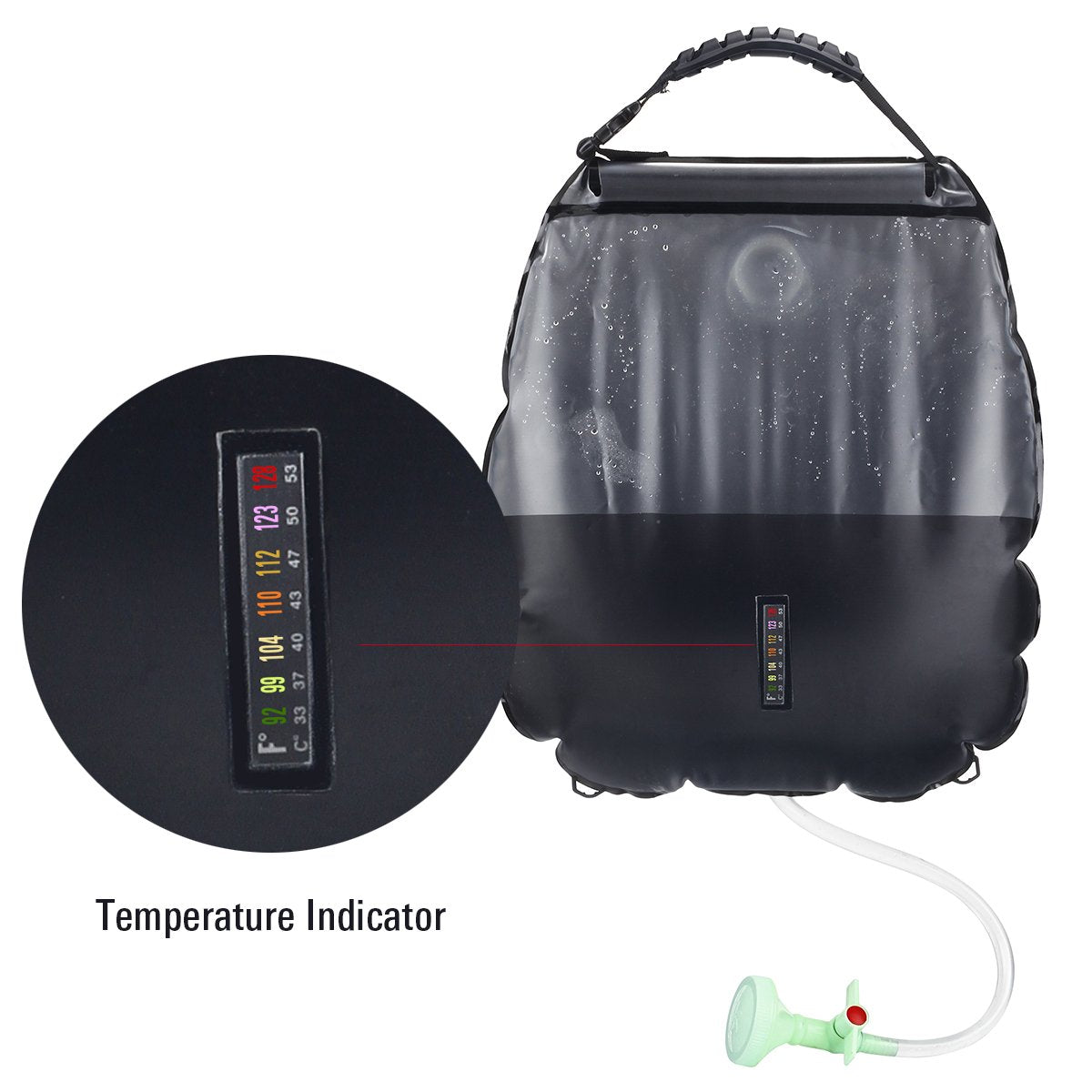 RISEPRO Solar Shower Bag, 5 gallons/20L Solar Heating Premium Camping Shower Bag Hot Water with Temperature 45°C Removable Hose on/Off Switchable Shower Head Hiking Climbing Summer Shower BK