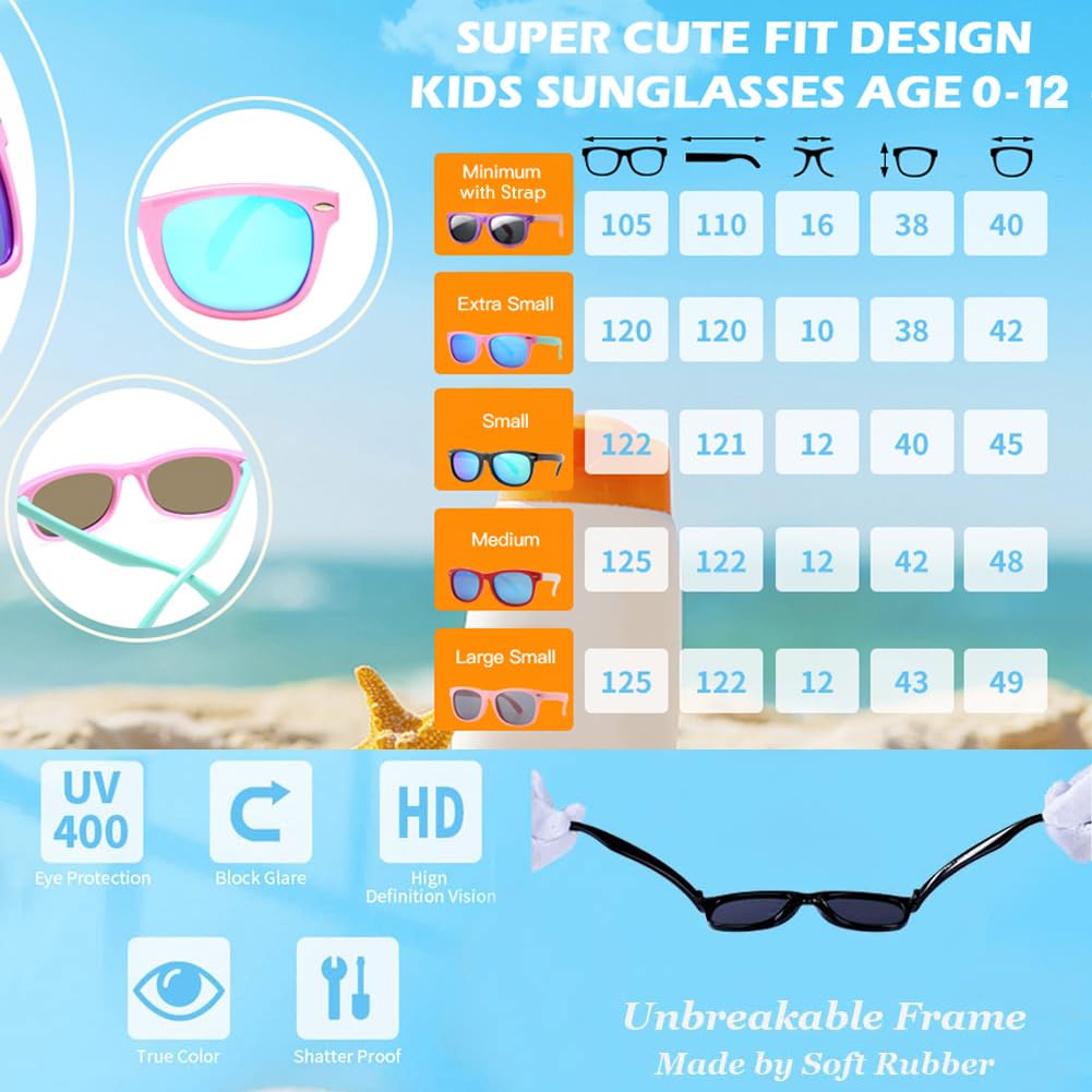 Pro Acme Kids Polarized Sunglasses, Flexible TPEE Rubber Toddler Shades for Girls Boys, Ages 3-12（A1 Pink/Blue + Black/Blue + Crystal/Pink Mirrored）