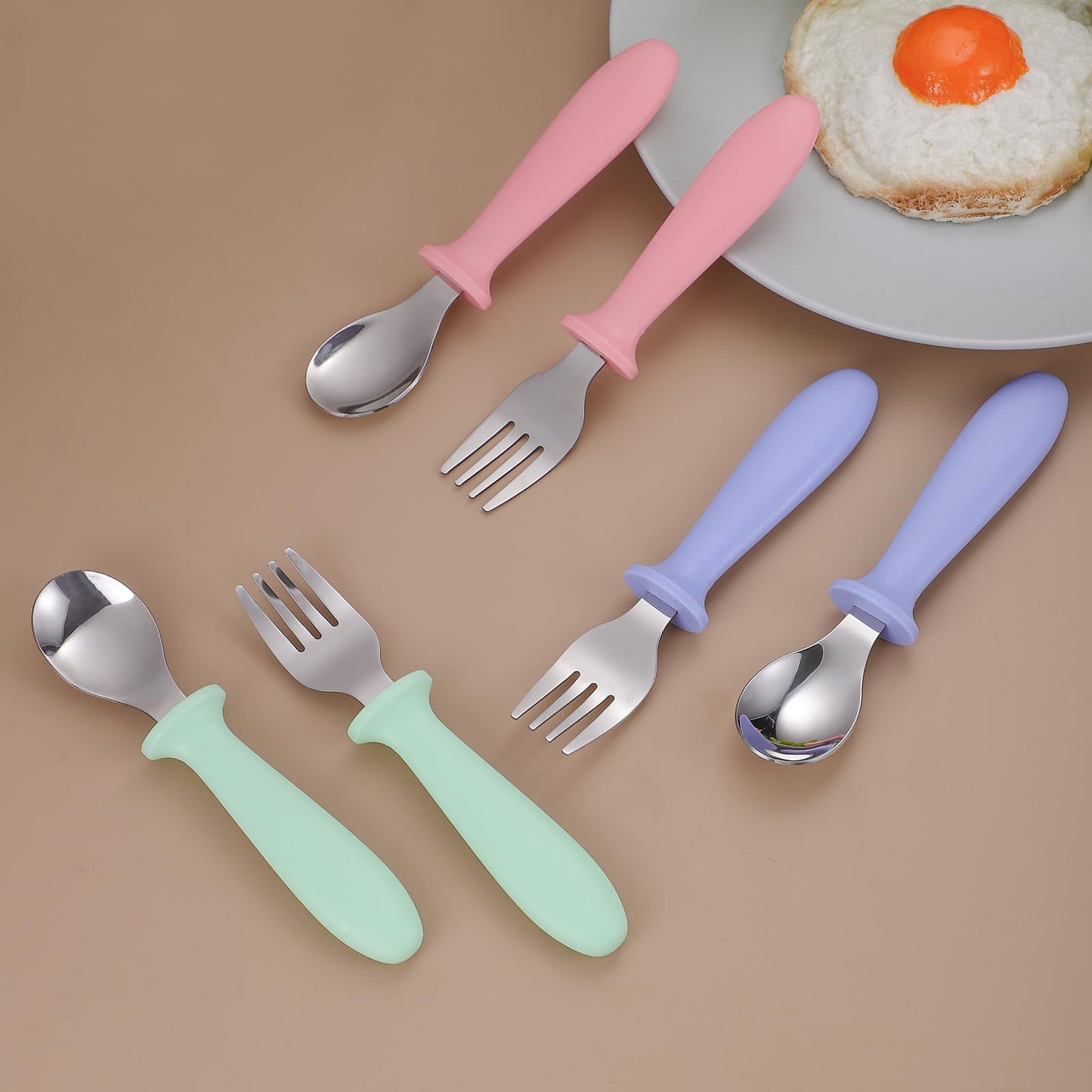Pimoys 6 Pieces Toddler Utensils Forks and Spoons,Kids Silverware Set with Plastic Handle Stainless Steel Toddler Silverware,Dishwasher Safe