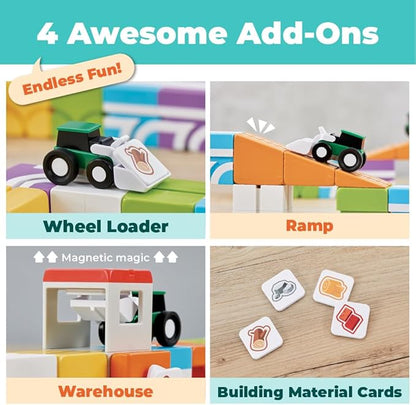 QBI Magnetic Blocks for Toddlers Ages 3+ | STEM Magnetic Block Tracks with Wheel Bulldozer &amp Tiles | 3D Colorful Magnet Building Blocks for Boys &amp Girls | Early Learning Sensory Toy – 21 Piece