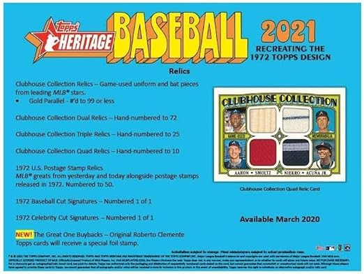 2021 Topps Heritage Baseball Factory Sealed Blaster Box 8 Packs of 9 Cards. CLASSIC 1972 VINTAGE TOPPS DESIGN.