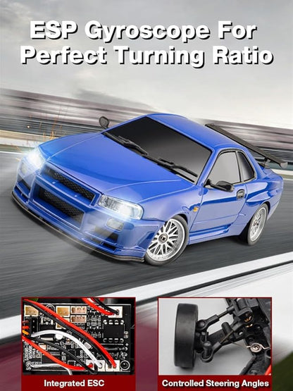 LD1899 1/18 Scale RC Drift Car GTR R34 2.4GHz RWD Mini Model Car with Gyro Alloy Body Shell Racing Cars for Adults Toys (Silver-Blue)