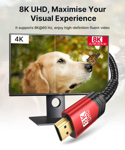 JSAUX 8K HDMI Cable 2.1 2 Pack 6ft, 48Gbps Ultra High Speed HDMI Cable Braided Cord (4K@144Hz, 4K@120Hz, 8K@60Hz) HDCP 2.2&2.3 HDR 10 eARC ARC, Compatible with Switch 2/PS5/Laptop/Monitor/HDTV/-Red