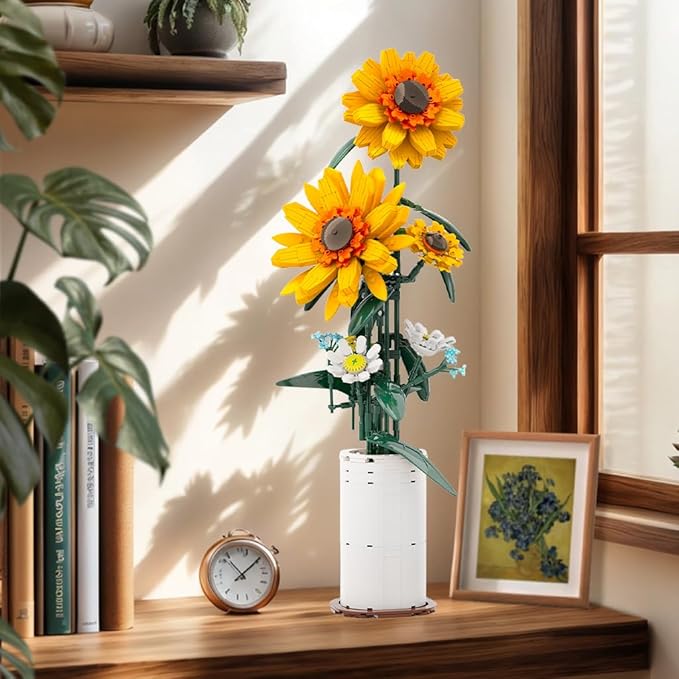 BlockPro Upgrade Sunflower Building Set for Adults Teens Botanical Collection Flower Bouquet with Vase Gift for Birthday Mother's Day Anniversary Pretty Home Decor for Flower Lovers (821pcs)