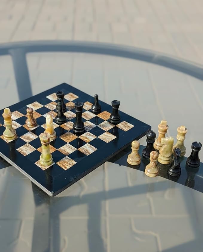 Large Handmade Full Chess Set Marble Chess Board 32 Chess Game Pieces Unique Home décor. Handcrafted Tournament Chess Board - 2 Players. (Black MultiGreen)