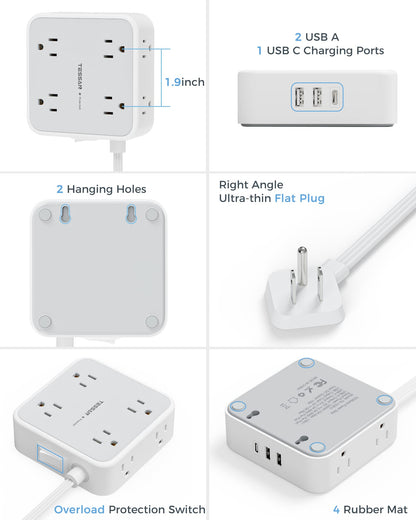 TESSAN Surge Protector Flat Extension Cord Flat Plug Power Strip, 8 AC Outlets, 3 USB Charger(1 USB C Port) 3 Sided Outlet Extender, 5 Ft, 900 Joules Protection, Office Supplies, Dorm Room Essentials