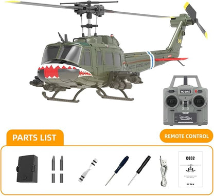 RC ERA C032 UH-1 Huey 6CH Helicopter for Adults 1/48 Scale RC Helicopter Brushless with 6-Axis Gyroscope Stabilization with Altitude Hold &amp 3D Inverted Flight（Shark Mouth 4 Battery）