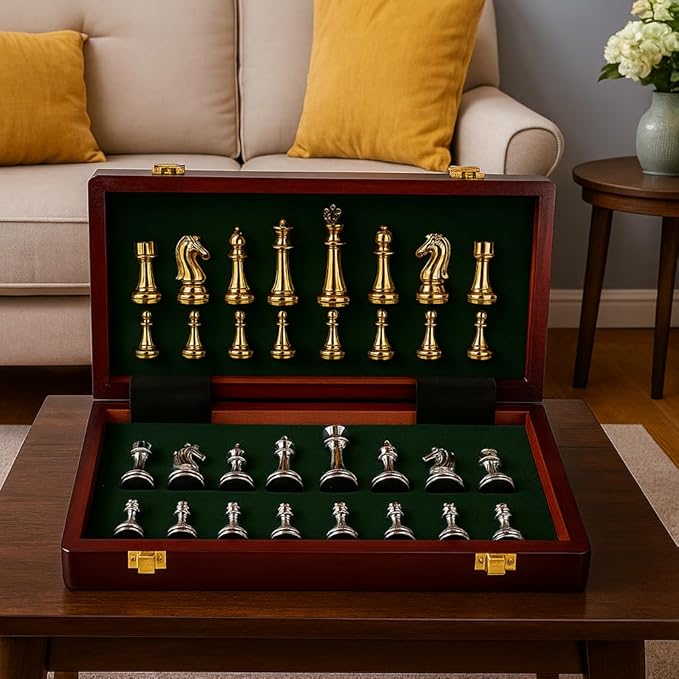 11Inch Large Deluxe Metal Chess Set - Portable Wooden Box with Alloy Pieces Folding Board Ideal for Adults