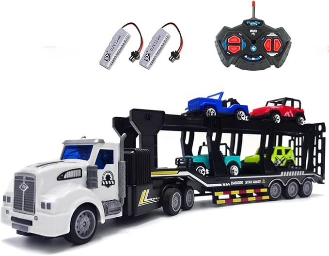Remote Control Car Transporter Truck Includes 4 Cars - 14 1:48 Mini RC Toy Semi Truck Trailer with 2pcs Rechargeable Batteries Carrier Car Truck Vehicle with Lights Great Gift for Kids Boys Girls