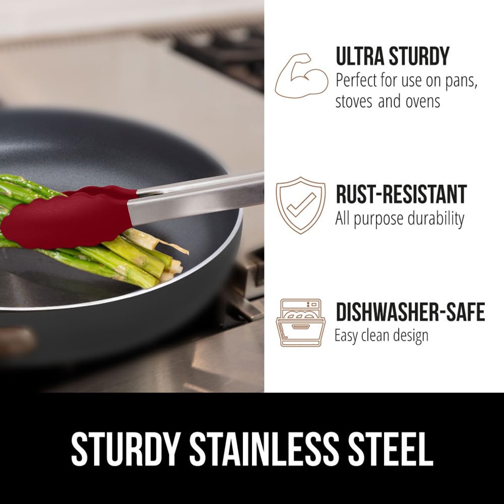GORILLA GRIP Stainless Steel Heat Resistant Kitchen Tongs for Cooking, 9 + 12 Inch, Set of 2 BBQ Tong, Non Scratch Silicone Tip for Pan, Strong Grip, Grab Food, Toss Salad, Air Fryer, Pull Lock, Black