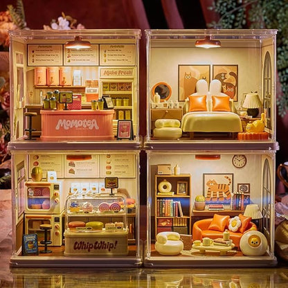 Milk Tea Shop DIY Miniature House Building Toy Dollhouse Set with LED Creator Playset Suitable for Mini Figures Construction Toys Diorama Kit Gifts for Adults