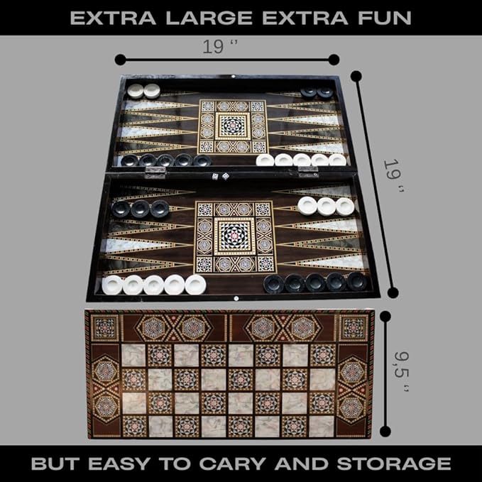 Park&ampOz Pearl Premium Turkish Backgammon and Checkers Set 19 Inch Handmade 2 in 1 Wooden Board Game with Glossy Finish Luxury Checkers and Dice Travel Friendly and Foldable