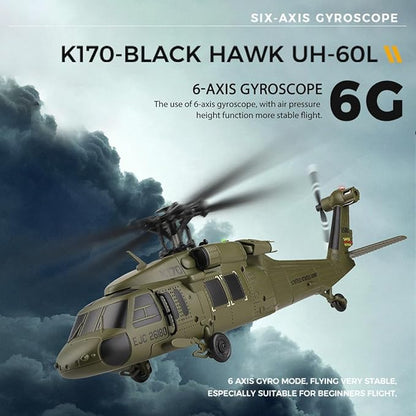 K170 UH60L RC Helicopter Remote Controlled Helicopter for Adults Beginners 2.4G 4CH RC Plane 6-Axis Gyroscope Altitude Hovering Military Aircraft Aileronles (3 Batteries)