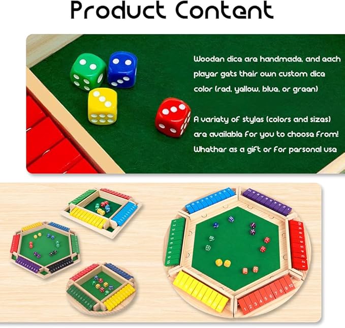 Shut The Box Game: 2-6 Player Wooden Board Math Game with 2-12 Dice | Educational Family Night Entertainment | Classic Pub Style | Funny Family Board Games (Walnut-Square 4 Players)