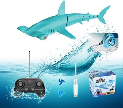 Beach and Summer Pool Remote Control Shark Boat Bath Toy RC Submarine Robo Shark Model Realistic Wiggle-Tail Electric Fish Hammerhead and Dusky Sharks (Cyan)