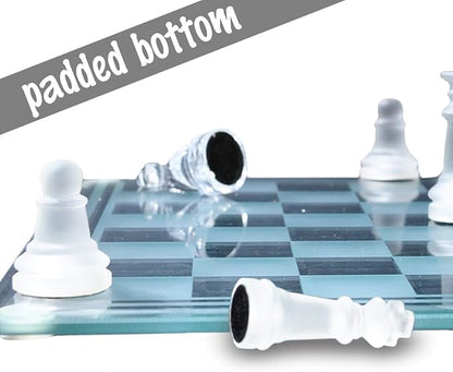 Gamie Premium Glass Chess Set 12 Inch - Elegant Design - Durable Build - 32 Frosted and Clear Pieces - Felted Bottoms - Easy to Carry - Stable &amp Fully Functional for Chess Lovers