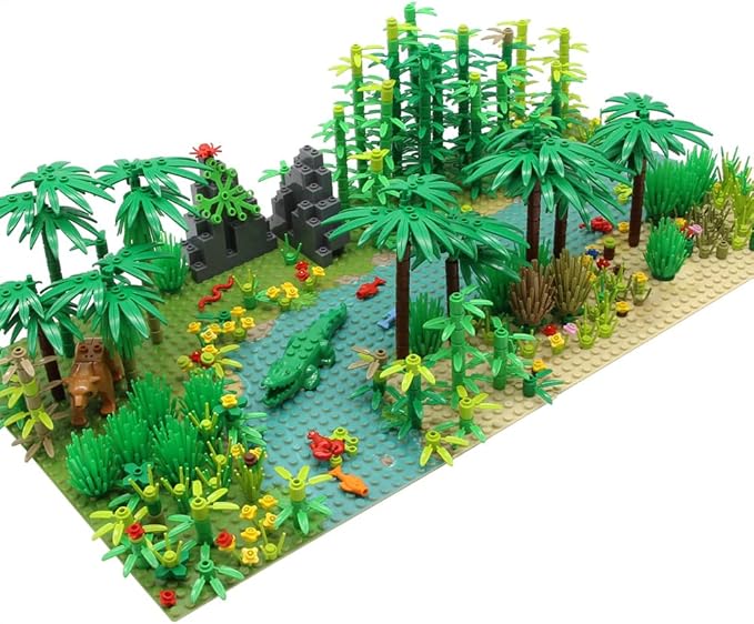 Rainforest Jungle Trees Building Blocks Bricks with 2 Base Plates (10 Inches for Each) Forest Garden Plants Flowers Bushes Animals Kit Botanical Parts Scenery Toys Compatible with Major Brands
