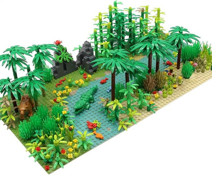 Rainforest Jungle Trees Building Blocks Bricks with 2 Base Plates (10 Inches for Each) Forest Garden Plants Flowers Bushes Animals Kit Botanical Parts Scenery Toys Compatible with Major Brands